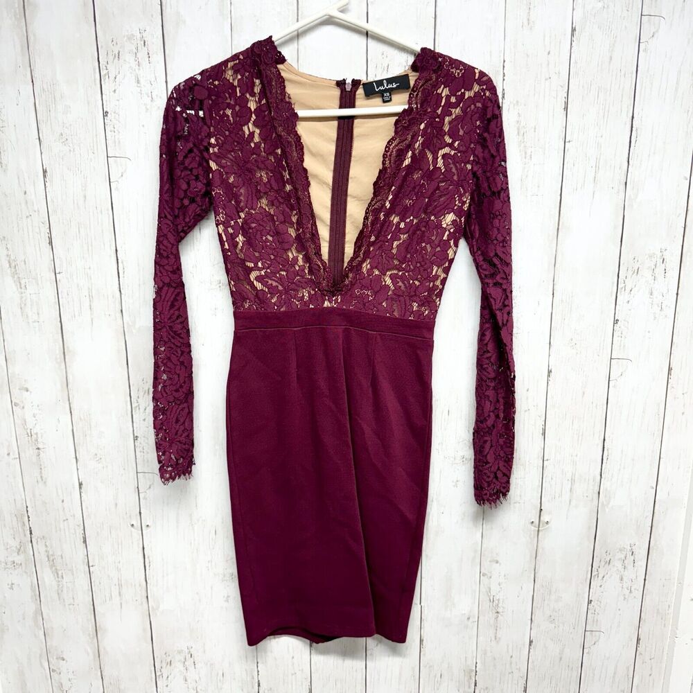 Lulus Dress Women Sz XS Plum Laced Swooner Later Plunge Long Sleeve Lace Mini
